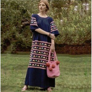 Frances Valentine Butterfly Embroidered Boho Linen Blend Maxi Dress Size 12